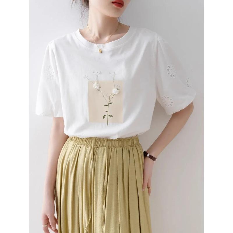 Women's Floral Print Eyelet Embroidery Puff Sleeve T-Shirt