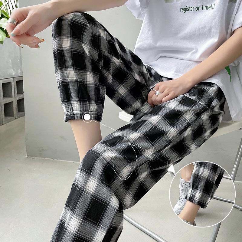 

Women s Summer Ice Silk Harem Pants: Petite, Thin Carrot Style, Grid Pattern, Nine-Point Length XL