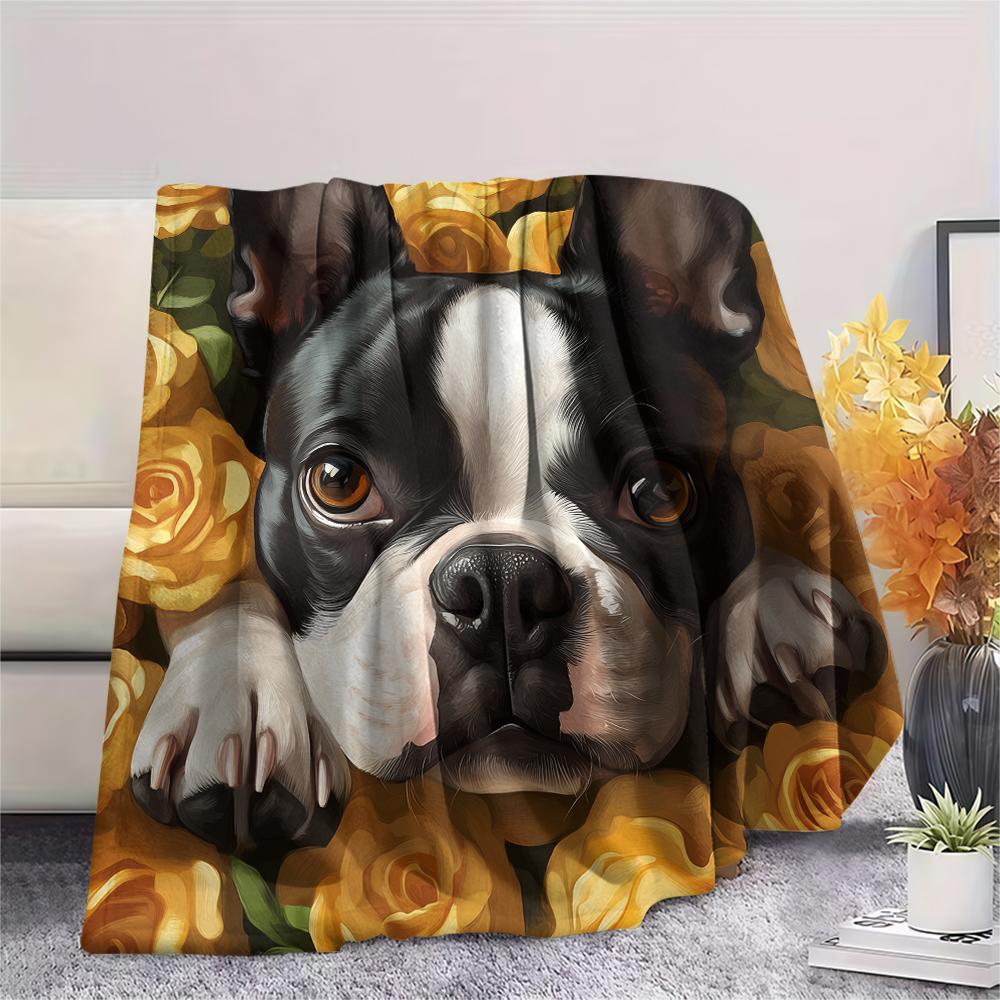 Boston Terrier and Roses Pattern Flannel Blanket, High Quality Comfortable for All Seasons, Home Decor, Warmth and Comfort, Perfect for Gifts.