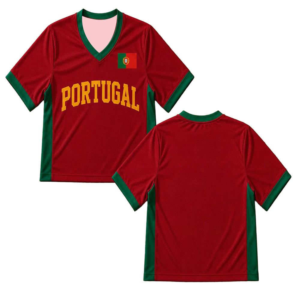 Portugal Voetbalshirt CR7 Nummer Rood Fan Shirt voor Dames Heren Mode Ademend Mesh Shirt V-hals Oversized Voetbal Losse Top