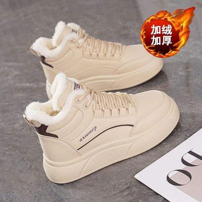 Winter Samt High-Top kleine weiße Schuhe für Damen, koreanische Version vielseitiger Sportschuhe mit Plateausohle, lässige verdickte warme Baumwollschuhe, Boa
