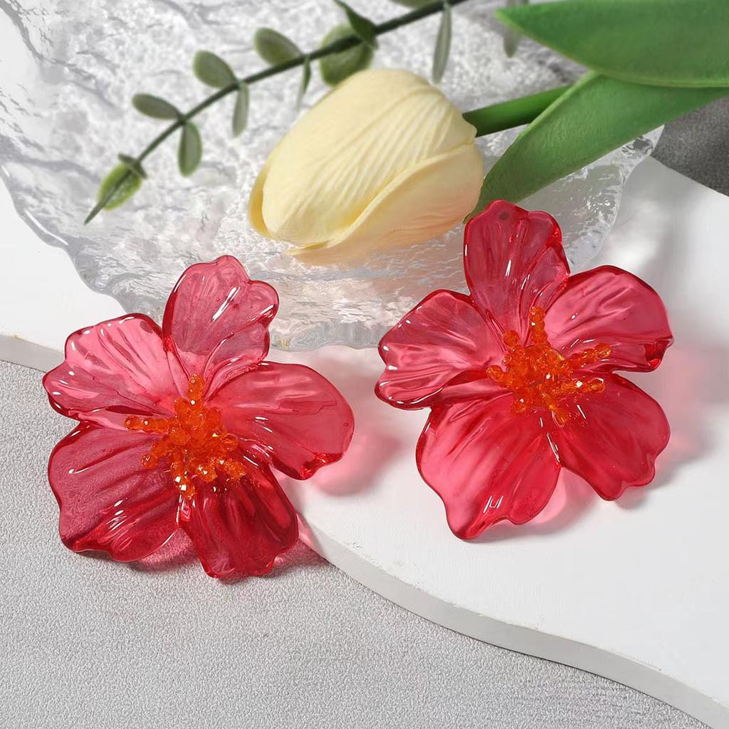 Exaggerated Handmade Bead Purple Resin Acrylic Large Flower Earrings