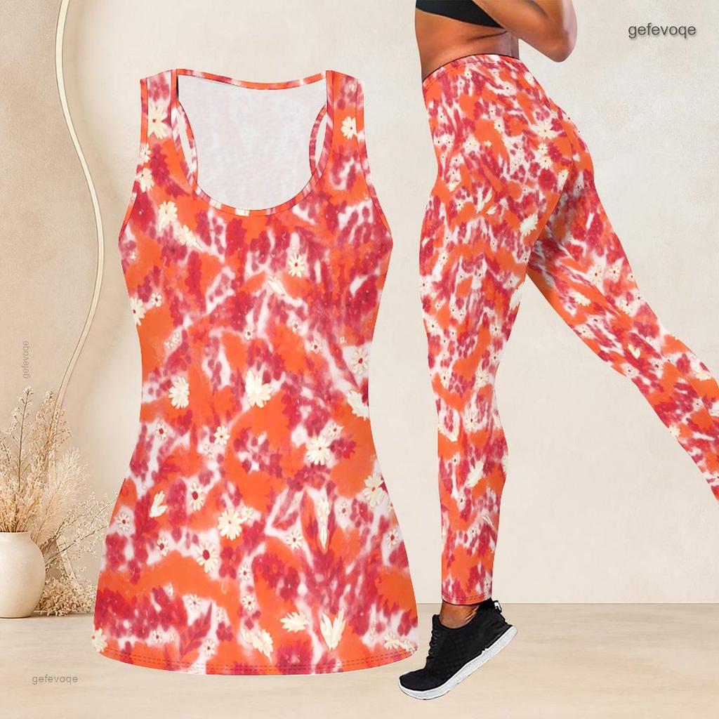 Women Plus Size Floral Printed Two Piece Set Scoop Neck Sleeveless Longline Tank Top Fitted Pants