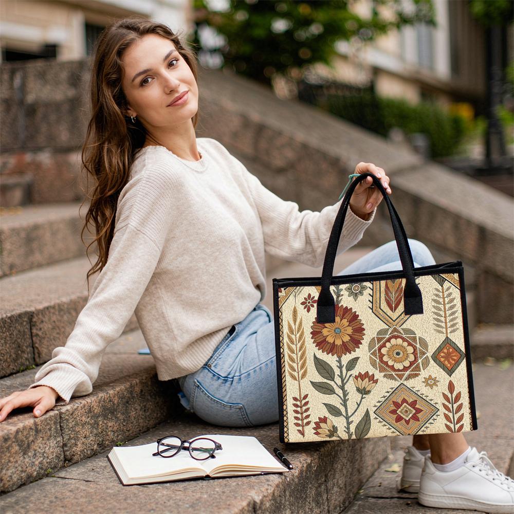 Vintage Boho Floral Tote Bag for Women Fashion Large Capacity Casual Portable Handbag for Shopping Travel Daily Use