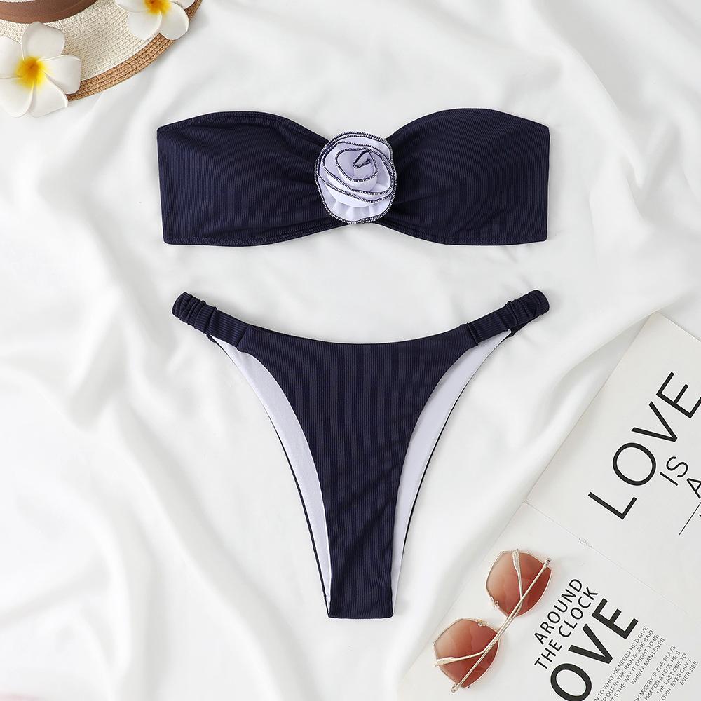 1011 European and American New Sexy Solid Color Tube Top Flower Three-point Bikini Bikini