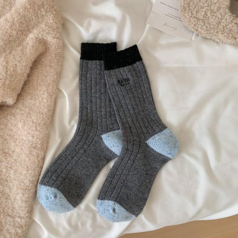Korean Style Colorblock Thick Wool Blend Socks Women Warm Seamless Mid-Calf Crew Winter