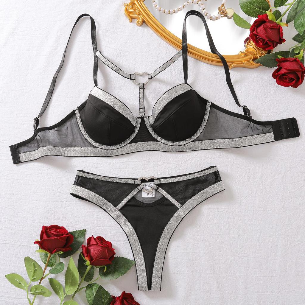 Women's Sexy Fashion Lingerie Set Heart Ring Buckle Sheer Mesh See Through Colorblock Contrast Color Push Up Underwear Set