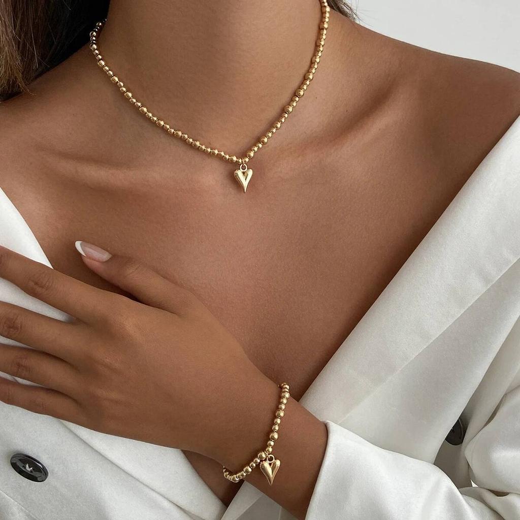 Ingemark 2Pcs/Set Delicate Tiny Heart Pendant Choker Necklace Beads Chain Bracelets for Women Wedding Bridal Party Jewelry Set