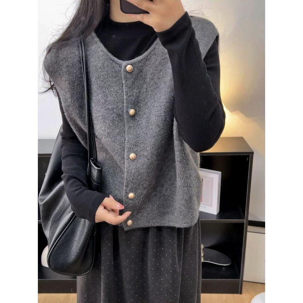Retro Women's Knit Vest & Cardigan Set - Round Neck, Single-Breasted, Double Layer