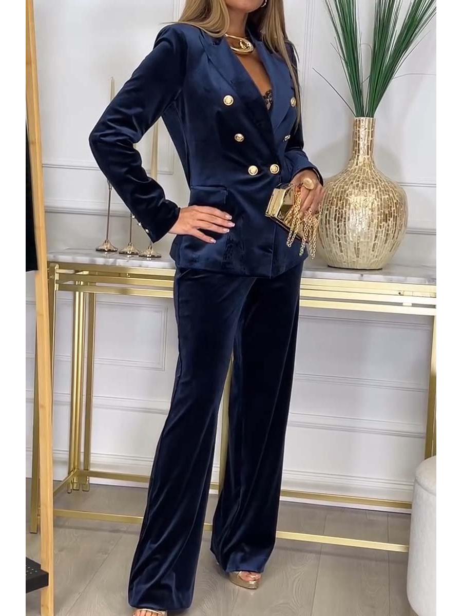 

Європейський та американський жіночий оксамитовий двобортний костюм-двійка Large темно-синього кольору