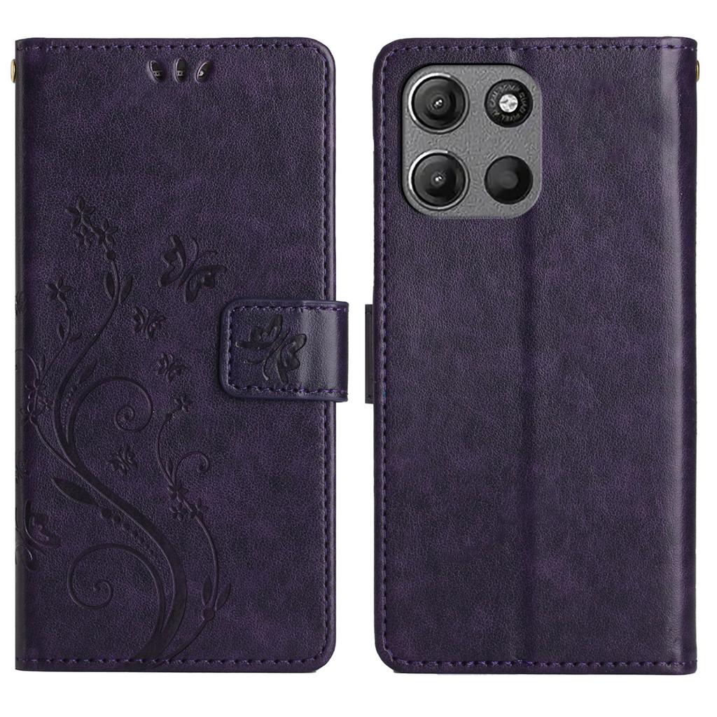 For Motorola Moto G15 4G Leather Wallet Case Butterfly Flower Imprinted Phone Cover with Strap