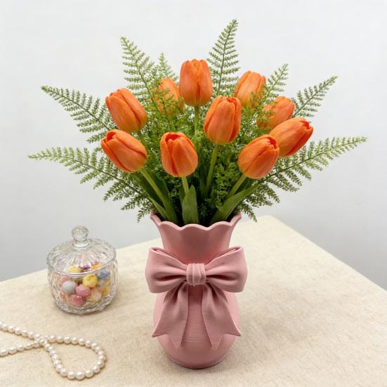 Pink White Bow Vase Plastic Farmhouse Flower Vase Makeup Brush Pen Holder for Table Bathroom Shelf Centerpiece