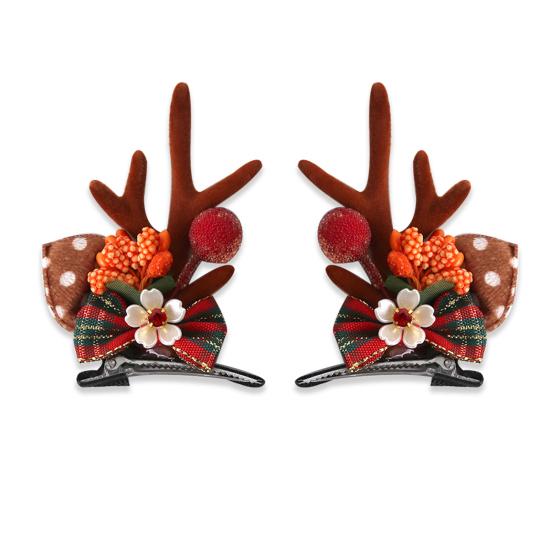 1 Pair Christmas Hairpins Holiday Antlers Design Faux Pearls Plush Ball Decor Hair Clips Christmas Party Photography Props