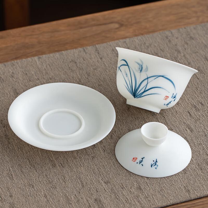 Handbemalte Keramik-Gaiwan mit goldverziertem Jade