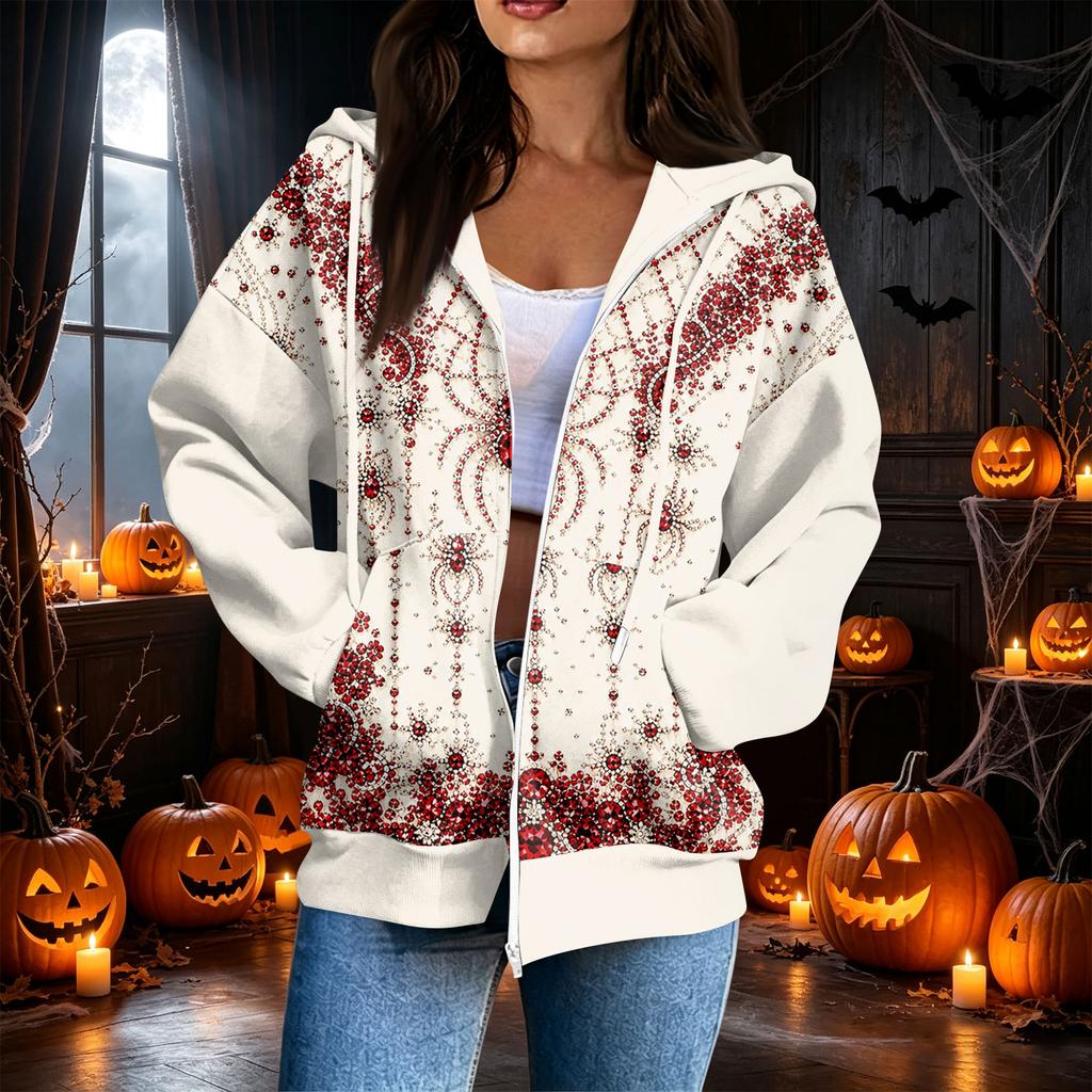 Damen Stilvolles Lässiges Langarm Reißverschluss Kapuzenpullover mit Halloween-Print