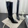 Fashion 2024 New Winter Women's Pointed Toe High Stiletto Heel Pleated Knee High Boots Women's Mid-Leg Comfortable Zapatos De Mujer