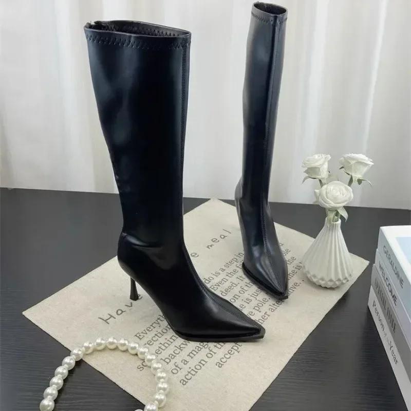Fashion 2024 New Winter Women's Pointed Toe High Stiletto Heel Pleated Knee High Boots Women's Mid-Leg Comfortable Zapatos De Mujer
