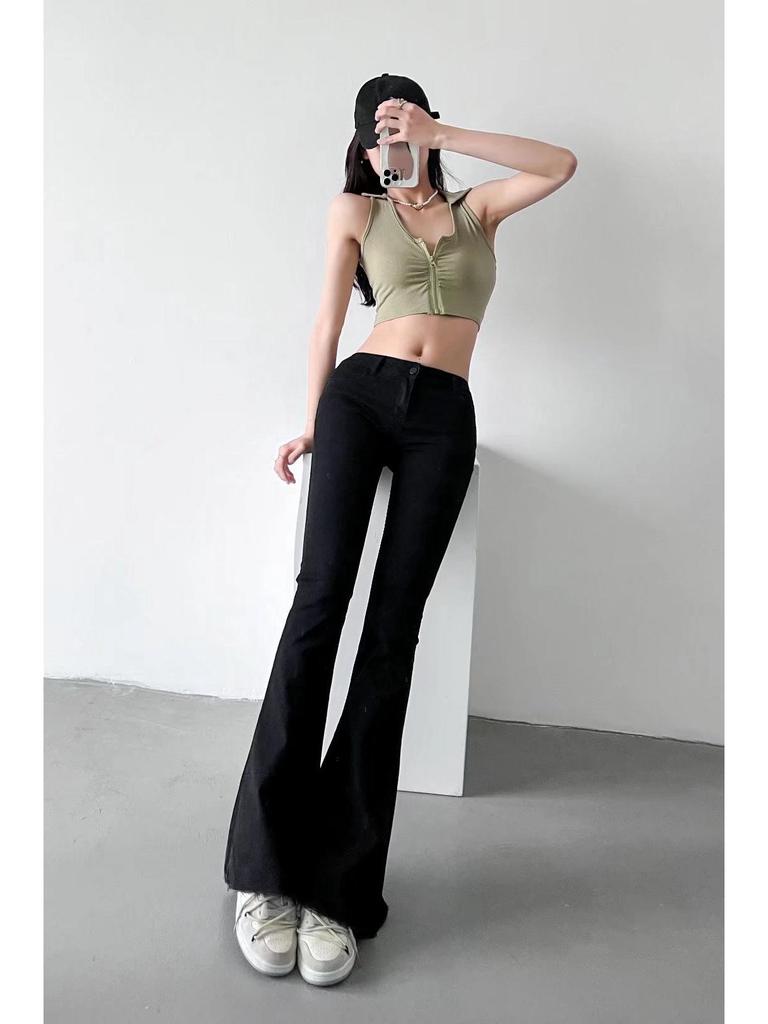 2024 Early Autumn Low-Waisted Slim Fit Flare Jeans for Women with Washed Frayed Hem.