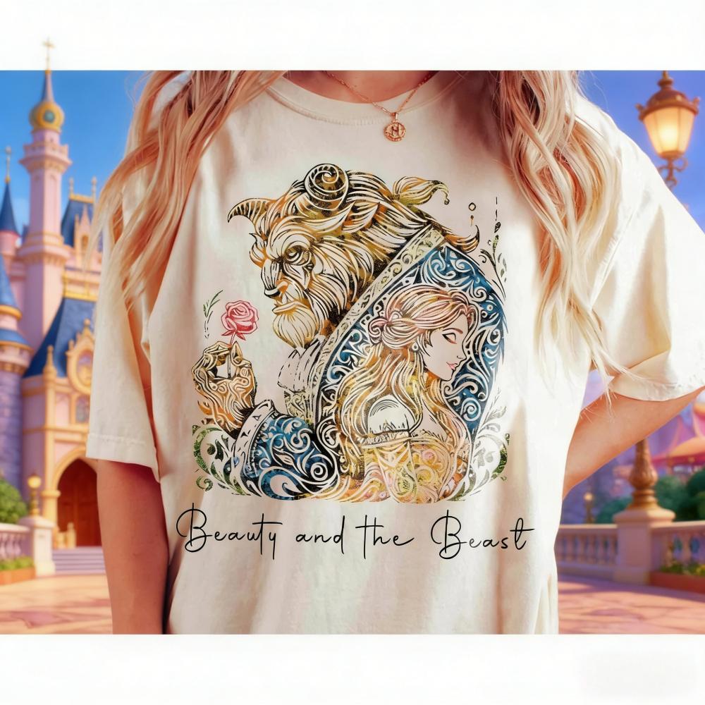 Summer Disney Beauty and The Beast Graphic Tshirt Men Women Fashion Cotton Quality Casual Loose Short Sleeve Classic Unisex