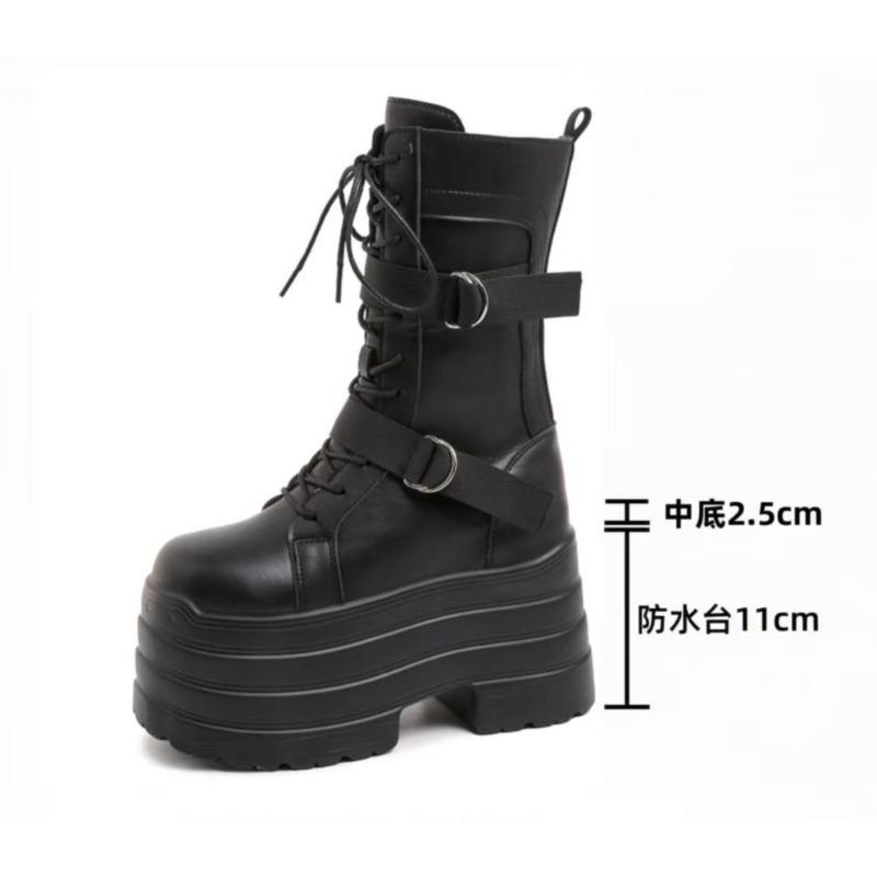 Fashion 17CM High Platform Gothic Boots Buckle Autumn Winter Leather Shoes Punk Street Cosplay Mid-calf Boots Motorcycle Short Botas