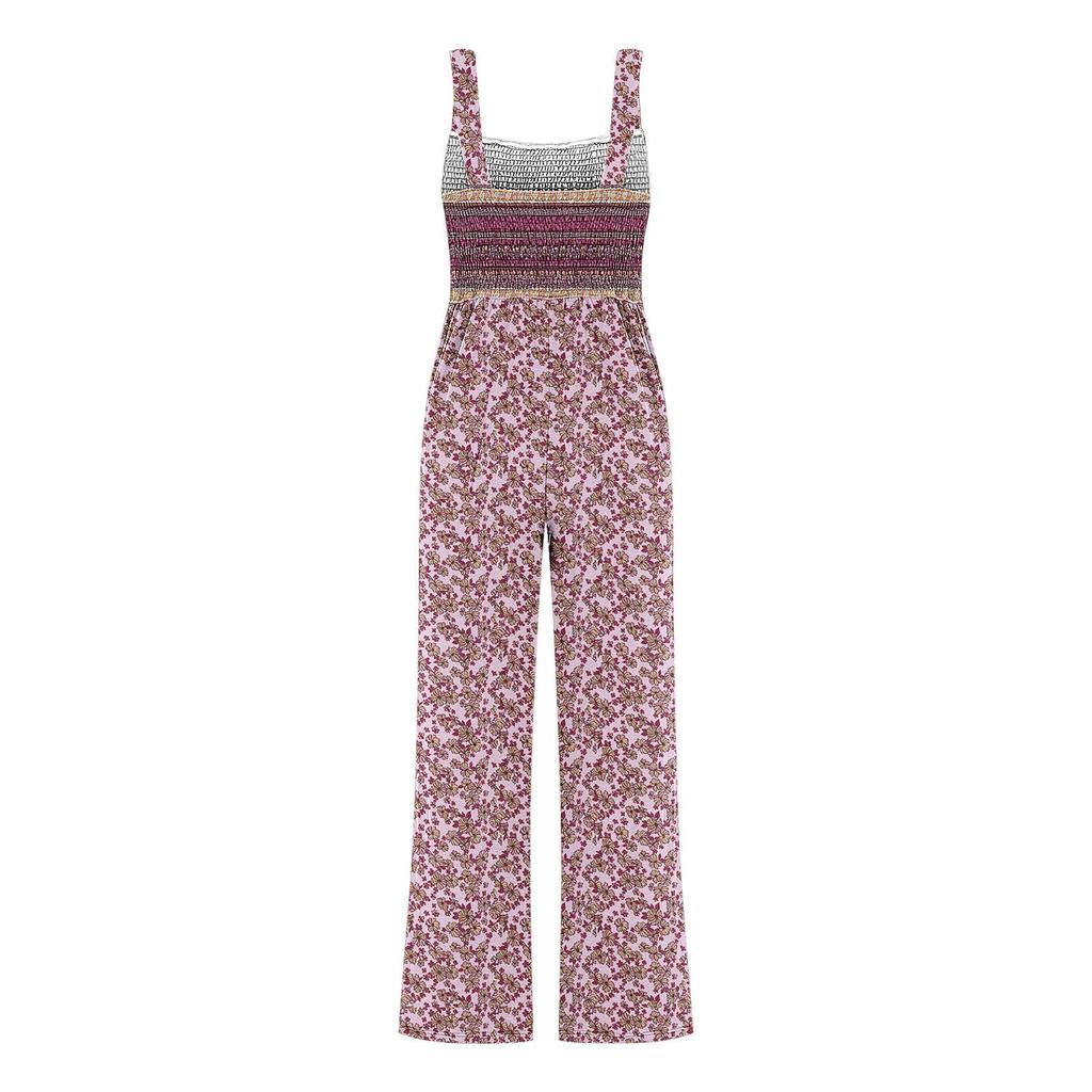 Jumpsuit mit weitem Bein und Hosenträgern, plissierten Schultergurten, bedruckter Tasche und Hosenträgern für Damen