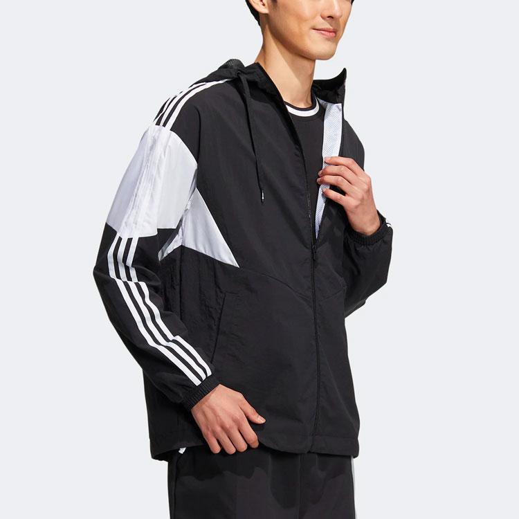 Adidas Logo Print Colorblock Stripe Zip Hooded Long Sleeve Sports Jacket Men Outerwear Black HM1996