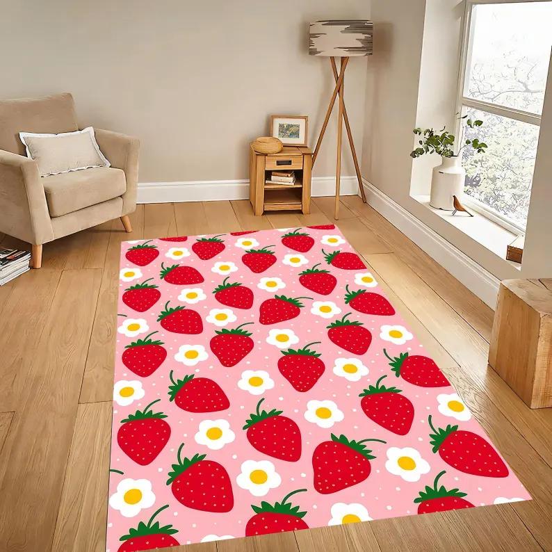 Strawberry Flower Carpet Fruit Sweet Print Home Decoration Floormat Pink Checkerboard Non-Slip Girl's Room Bedside Rug