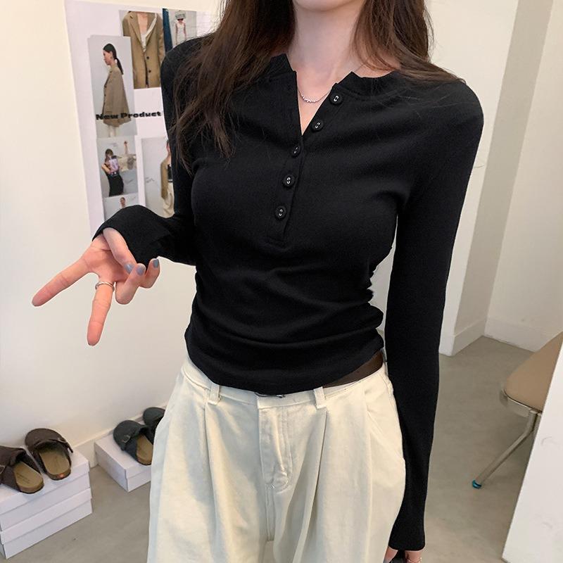 Card waist pleated long-sleeved T-shirt women's spring retro front shoulder button-up top design bottoming shirt