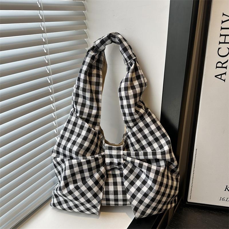 Retro Bow Plaid Women's Shoulder Bags Simple Commuter Ladies Underarm Vest Bag Casual Portable Female Shopping Handbags Tote