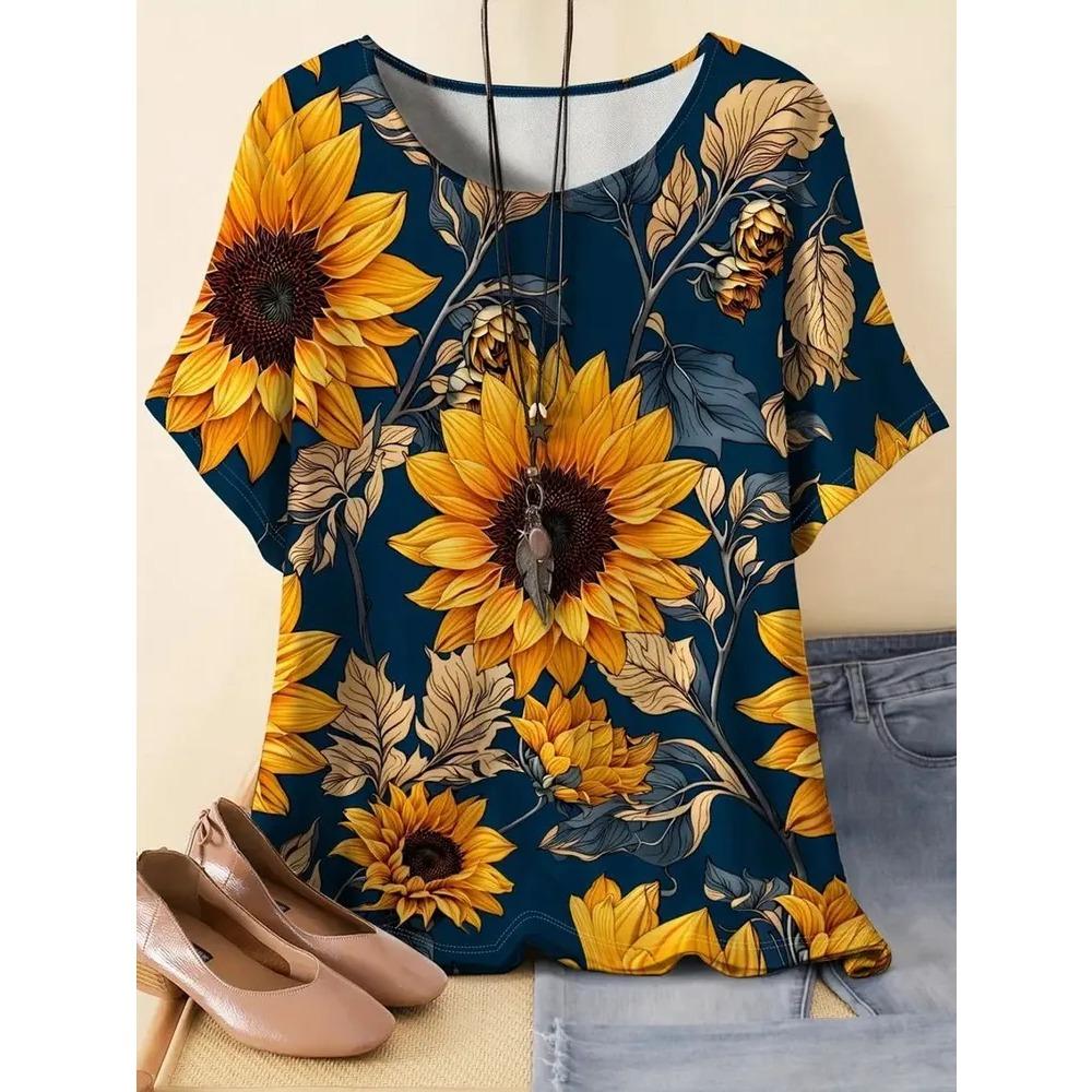 Damen Kurzarm T-Shirt Modisches Buntes Blumenmuster Bequem Locker Oversize Rundhals T-Shirt