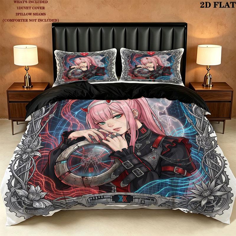 Pościel z wzorem Franxx Zestaw kołdry Poszewka na kołdrę Poszewka na poduszkę Domowy Prezent Urodzinowy(1 * poszwa na kołdrę + 2 * poszewki na poduszki, bez rdzenia)