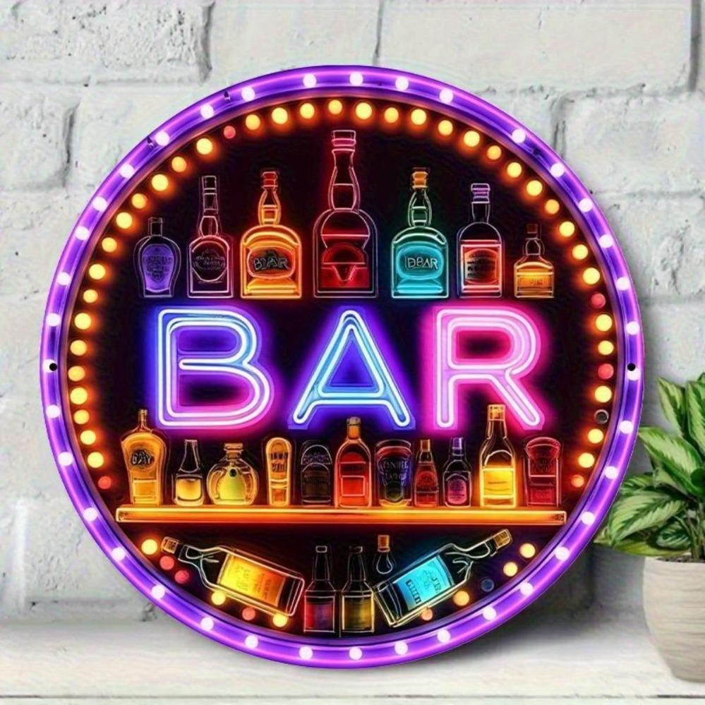 RetroStyle Neon Light Bar Metal Sign  Colorful Beverage Bottle Design  Round Aluminum Plaque  Perfect for Beach Villa