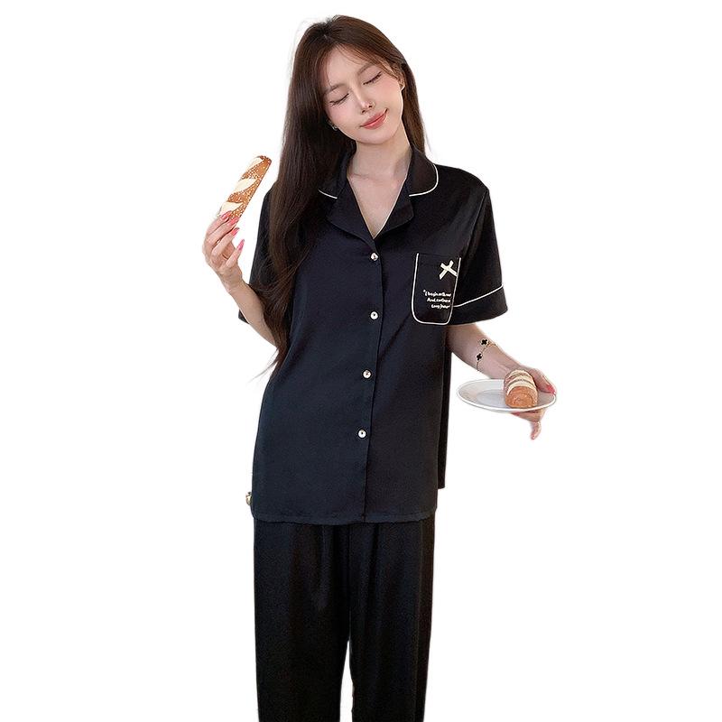 Women's Summer Cooling Ice Skin Pajamas with Built-in Cups, Short Sleeves, Cardigan Style, No Bra Needed, Acetate Silk Homewear.