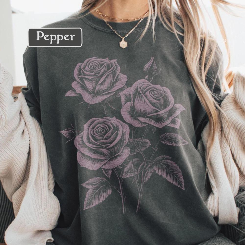 Rose T-shirt, Graphic Tee with Roses, Women s Tshirt Roses, Boho Flower Tshirt, Floral Tshirt, Botanical Tee S