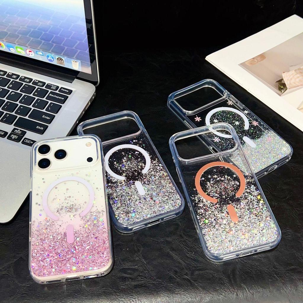Epoxy Glitter Gradient Magnetic Case for iPhone 17 Pro Max, iPhone 15 & 16 Transparent Compatible.