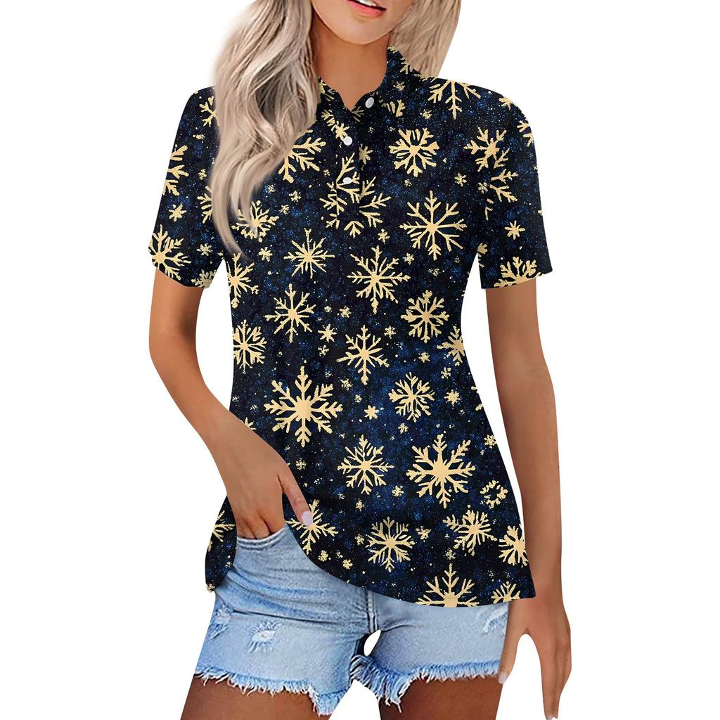 Women's Fashion Casual Lapel Short Sleeve Christmas Print Shirt Women's Button Up Tops