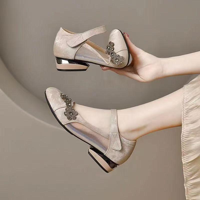 Mesh hollow single shoes women's summer new medium round head leather shoes flat shoes with skirt sandals