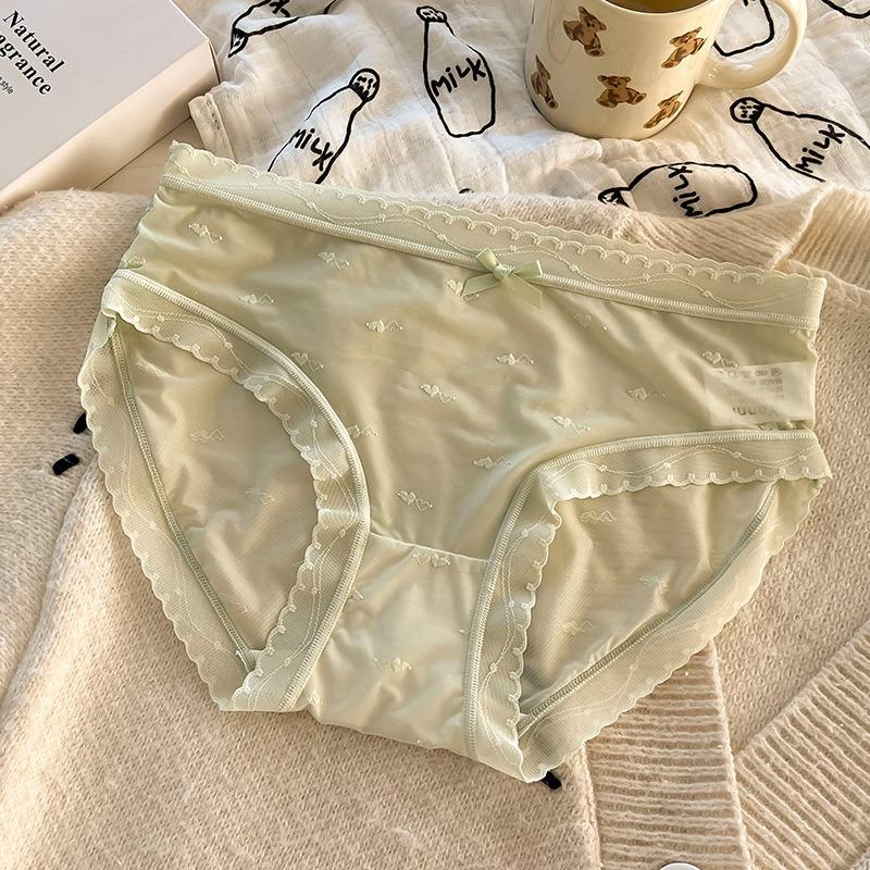 Women Mid Waist Ice Silk Lace Solid Color Antibacterial Crotch Comfortable Ladies Panties