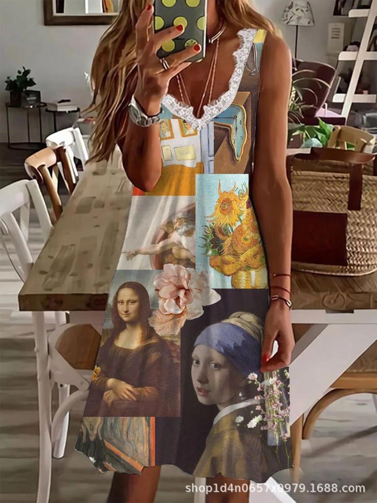 New European and American hot-selling women's clothing fast-selling T strap V-neck lace fashion printed dress