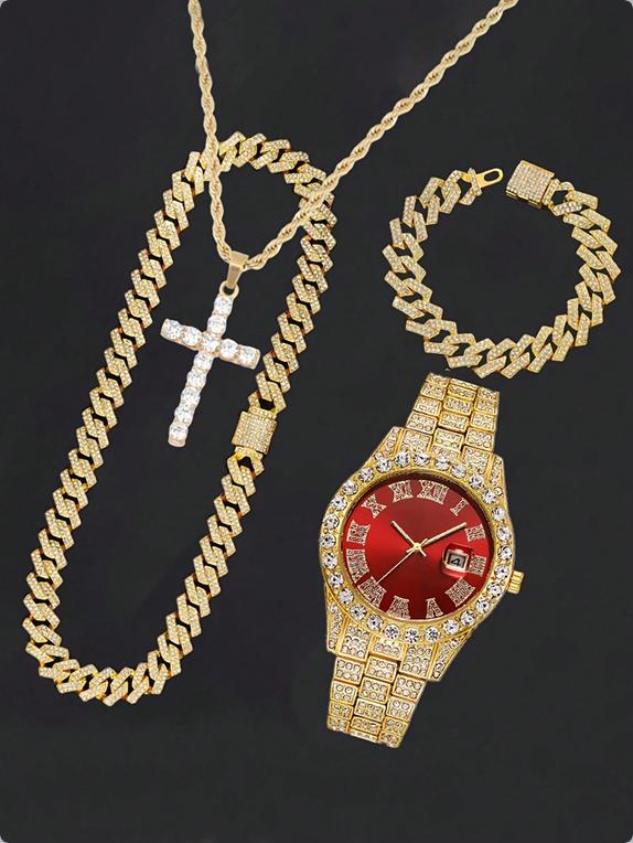 16mm Hip Hop Miami Cuban Link Chain Set Necklace +Watch+Bracelet Creative Iced Out Shiny Trendy Stylish Jewelry For Women Men