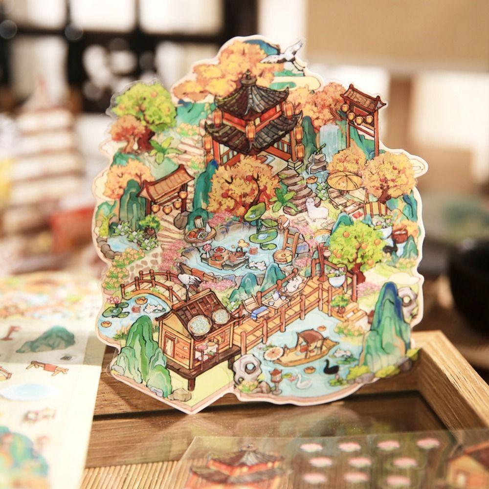 Chinese Retro 3D Stacked Landscape Stickers Cartoon Landscaping Making Sticker  Parent-child