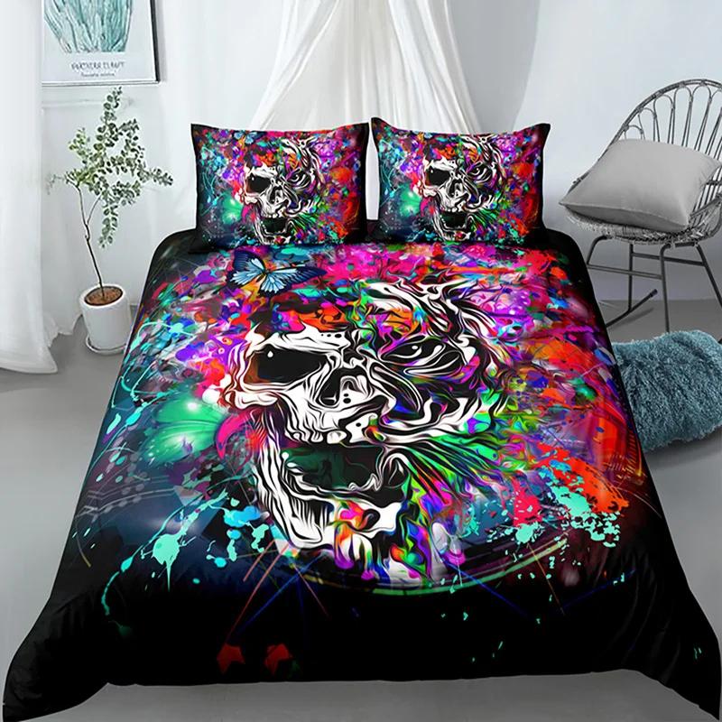 Skull Duvet Cover King Halloween Comforter CoverGothic Fog Smoke Skull Skeleton Bedding SetGrey Quilt Cover Room Decor 2/3pcs