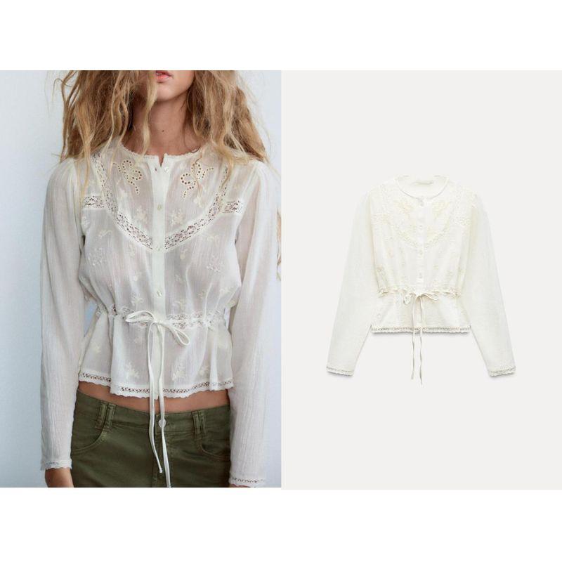 

Yaoyao 25 Spring New Women clothes Sweet round Neck Hollow out Waist Hugging Embroidered Tulle Shirts 0881/102 White Cut Out Belt Shirt XS