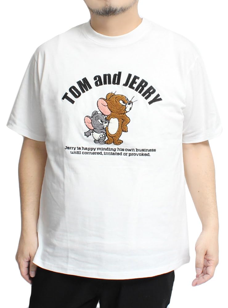 

One Colors TOM AND JERRY Men s Short Sleeve T-Shirt, Embossed Brushed Sagara Print, Crew Neck, Size 4L, White (B) (09)