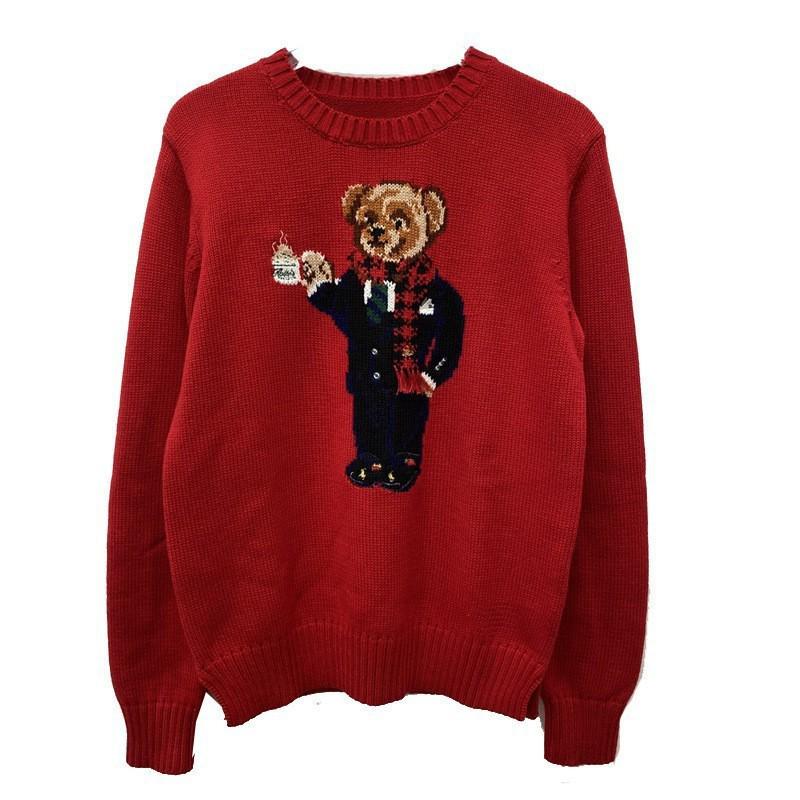 Cartoon Bear Embroidered Jacquard Knit Sweater - Women's Long Sleeve Round Neck