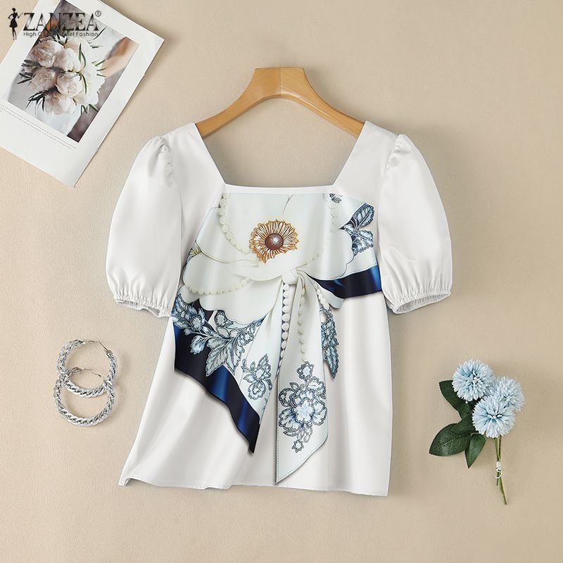 ZANZEA Women Square Collar Casual Floral Print Short Sleeve Blouse