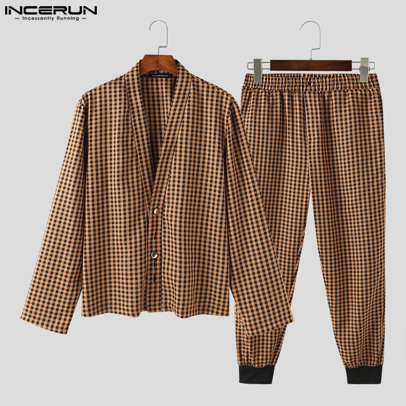 

INCERUN мужские весенние однобортные рубашки в клетку с v-образным вырезом и длинным рукавом, брюки, комплекты