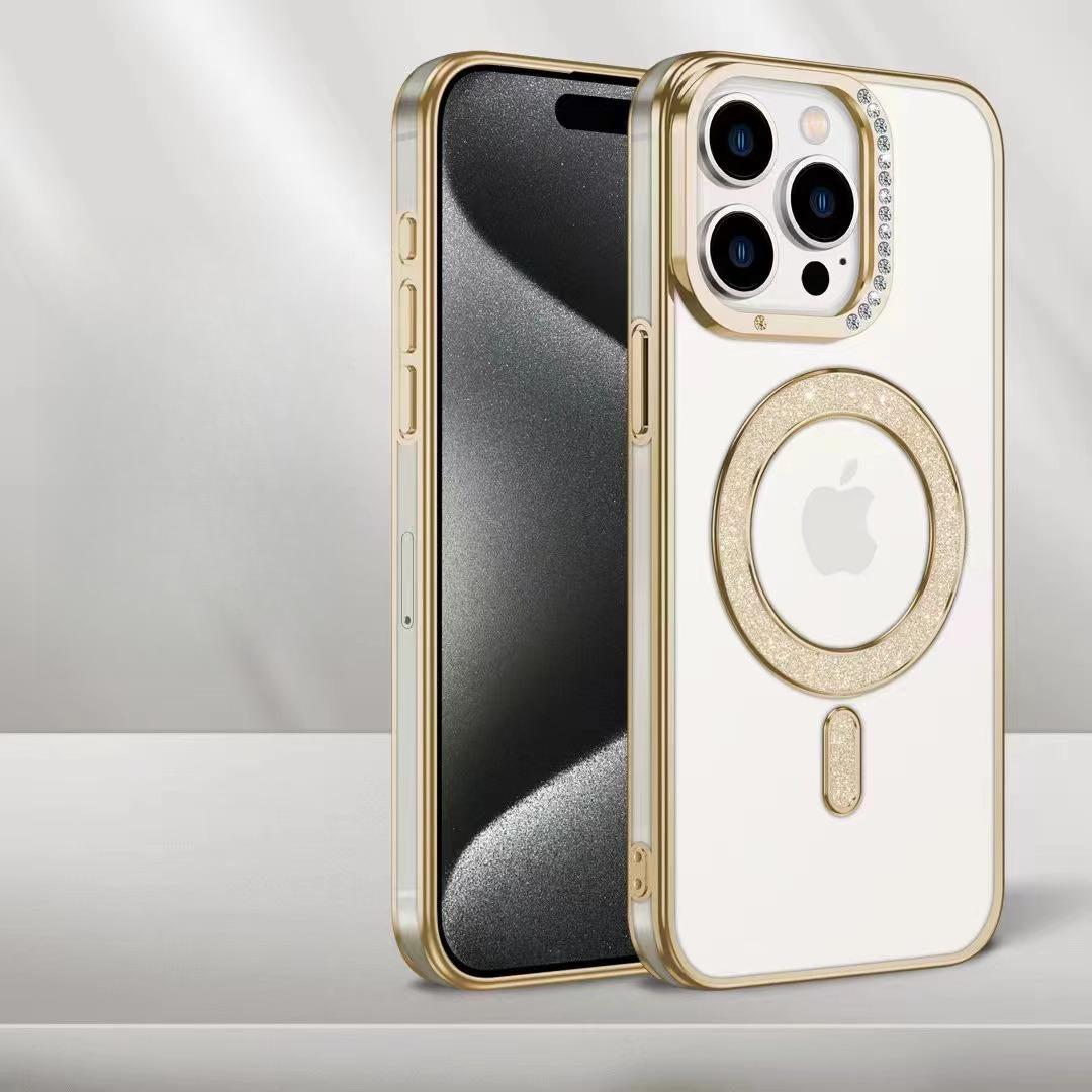 

Блестящий магнитный чехол-накладка для iPhone 16, алмазный чехол для мобильного телефона Apple 15pro, прозрачный чехол со стразами I14 с защитой от падений iPhone13 золотой