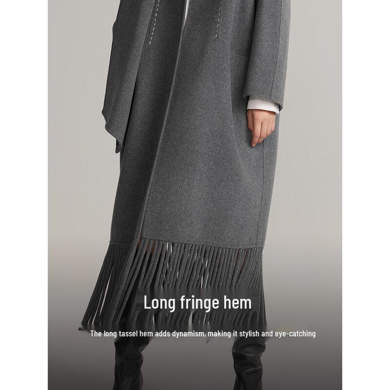 ELLE Women's Lambswool Fringe Double-Faced Coat