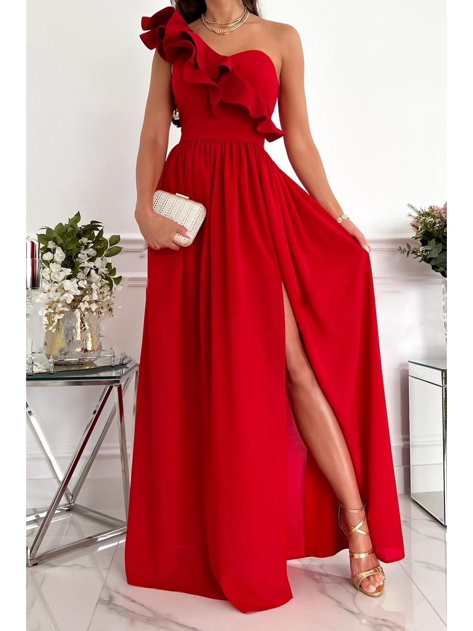 

2026 Sleeveless Ruffle Hem Slit Dress - European & American Women s Style Double Extra Large красный
